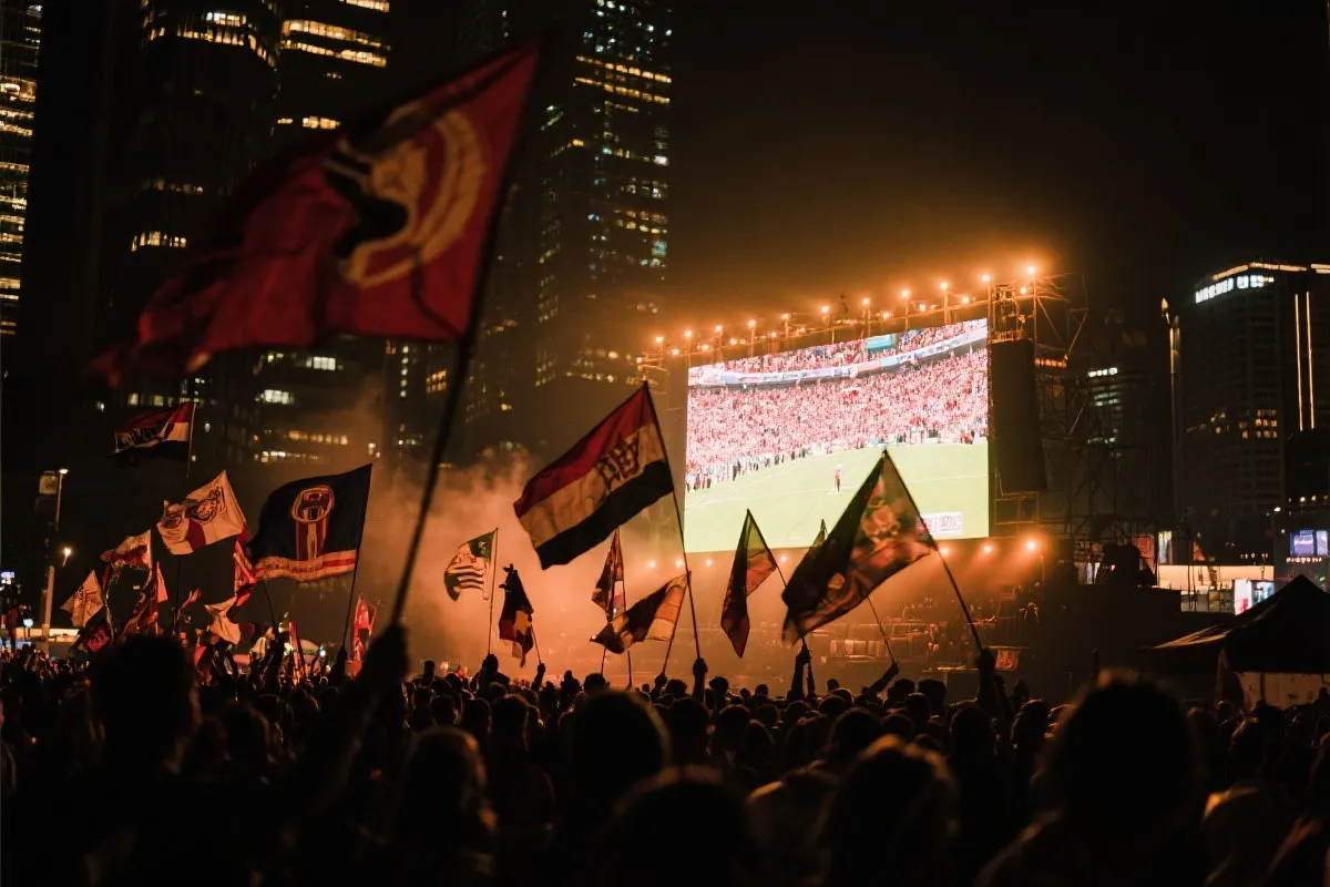 球迷在城市街头夜晚聚集观赛的氛围照片风格