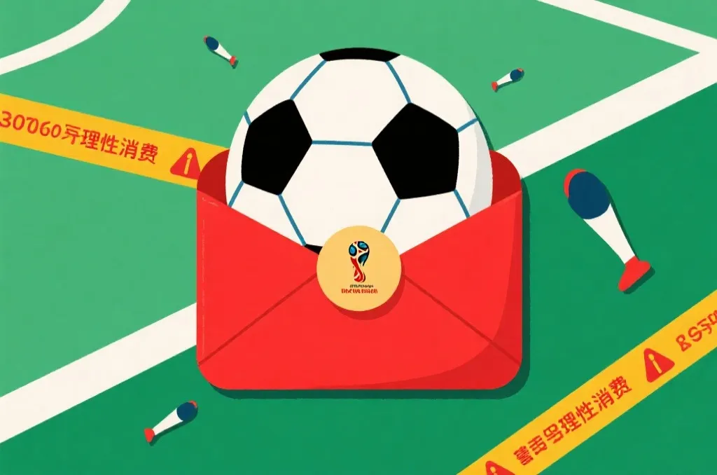 象征世界杯红包的红色信封与足球元素相结合，带有警示性与理性消费的视觉感